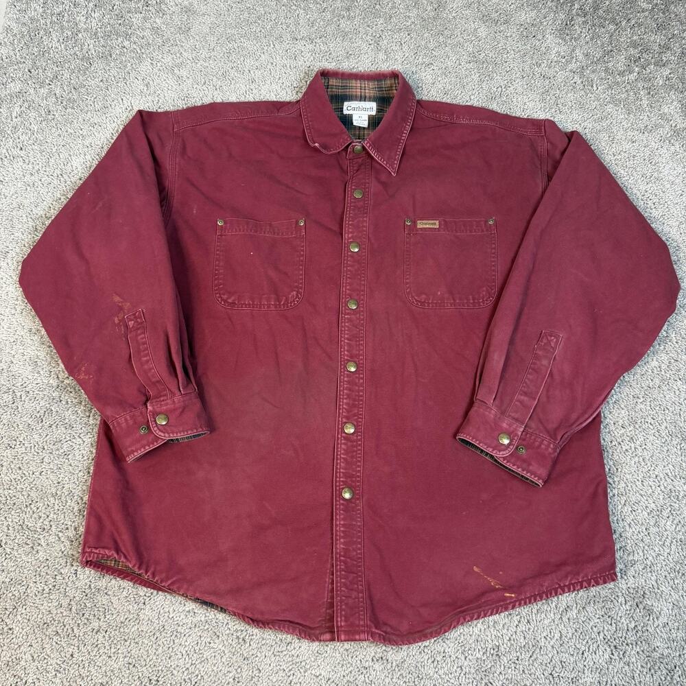 Carhartt Canvas Shirt Jacket Mens XL Red Lined Snap Button Up Cotton Workwear